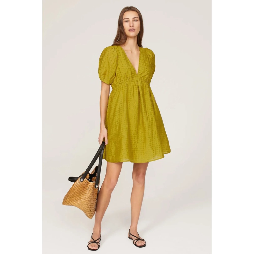 Madewell Kirkley Mini Dress Chartreuse Linen Blend Puff Sleeve Cutout Back 4